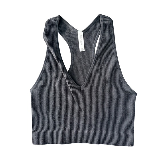 Zenana Tops - Zenana Ribbed Seamless‎ Crop Top Black V Neck Racerback Tank S/M